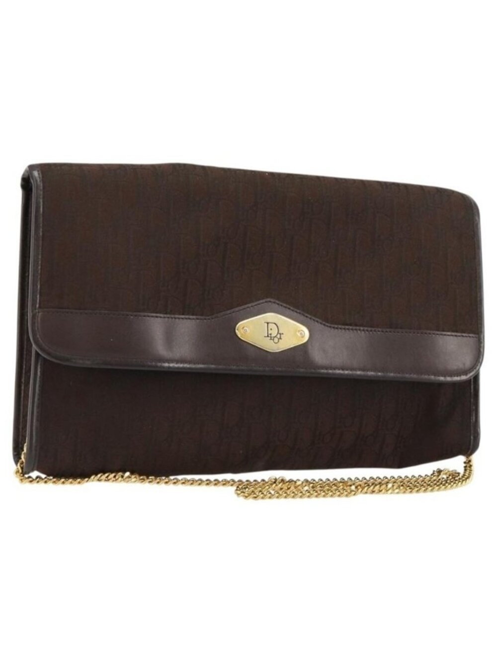 Authentic Christian Dior Trotter Canvas Chain Shoulder Bag Brown Gold